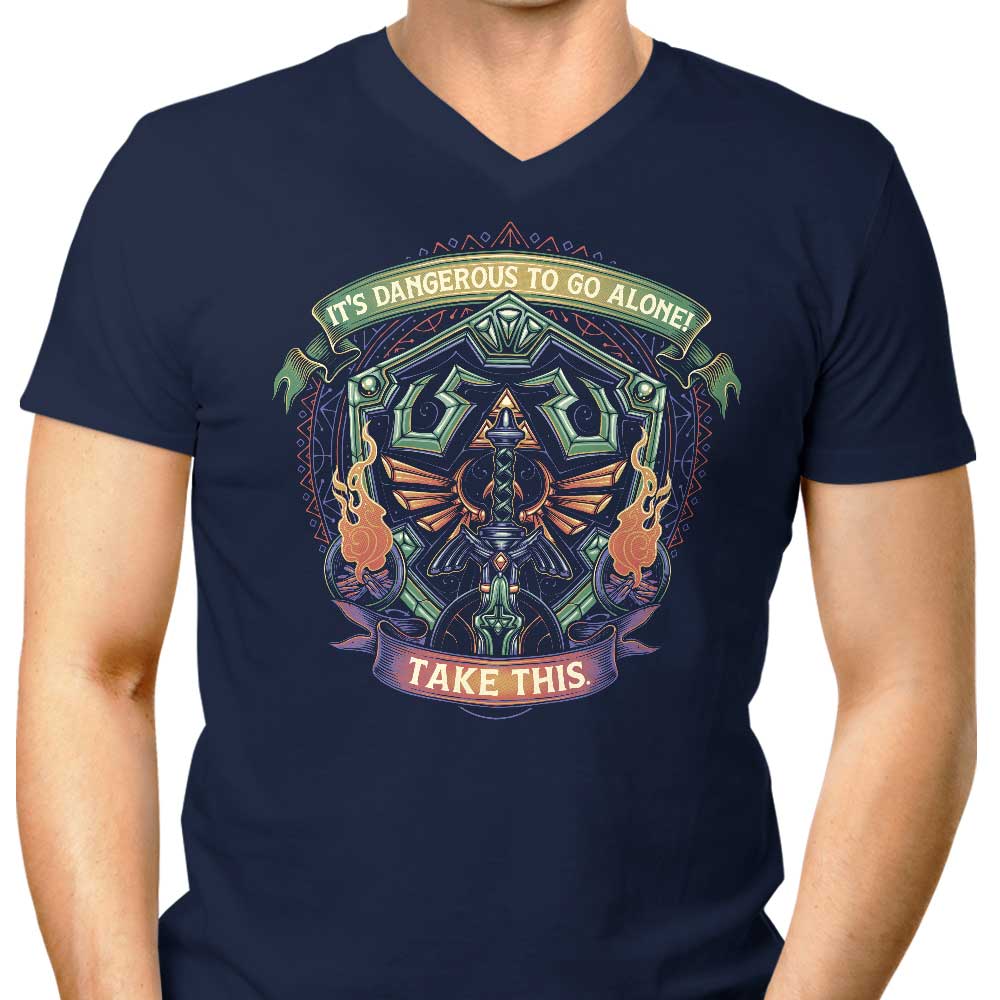 Men's V-Neck T-Shirt with Shield and Sword Design