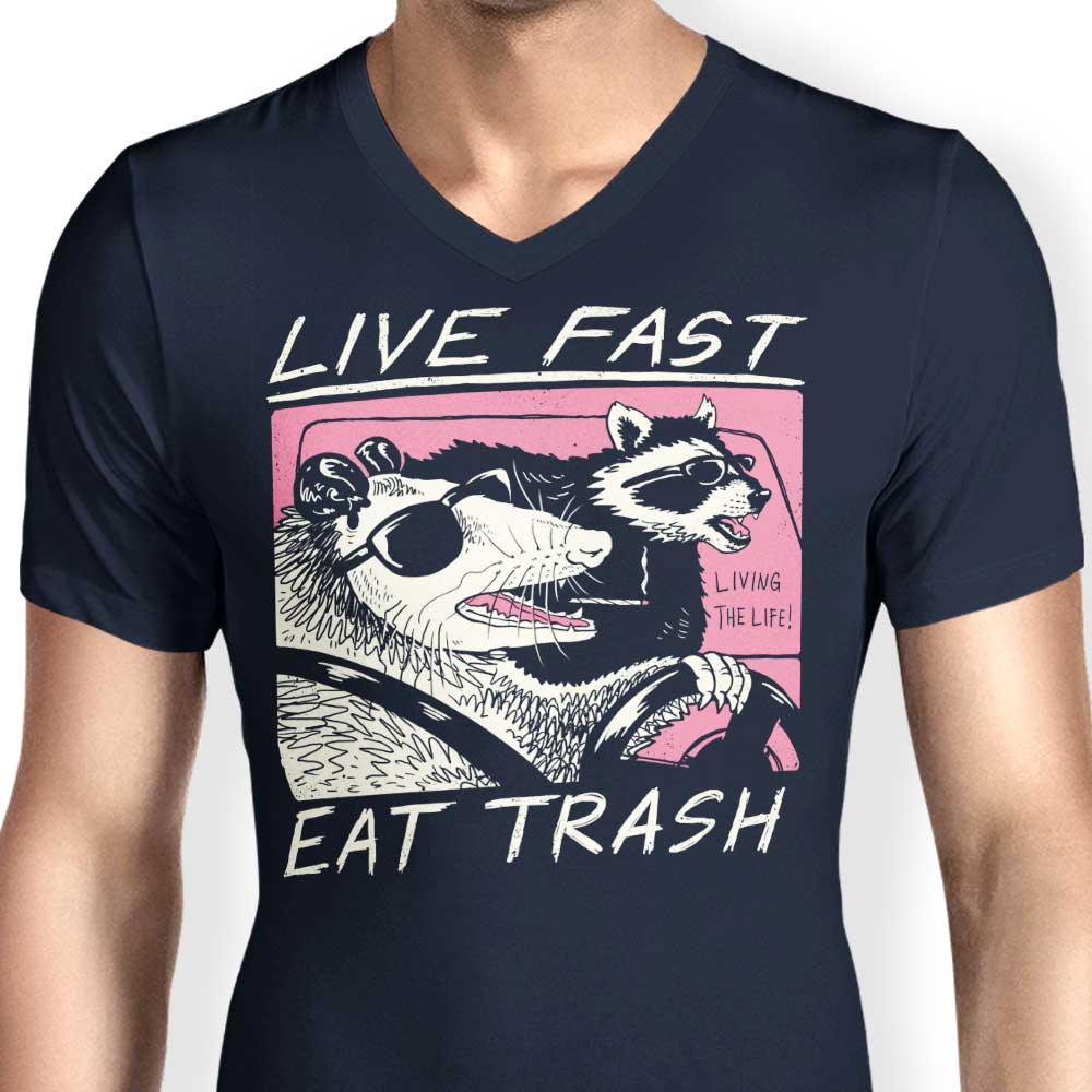 Men's V-Neck T-Shirt with the Slogan 'Live Fast, Eat Trash'
