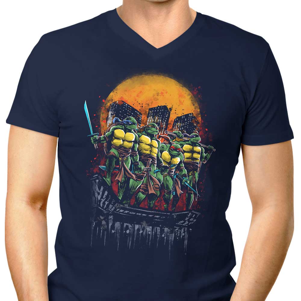 Men's Stylish V-Neck T-Shirt with 'Turtles on the Roof' Design