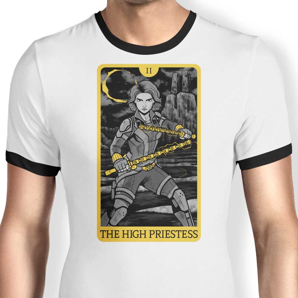 Tarot-themed Men's Ringer T-Shirt Featuring The High Priestess Design