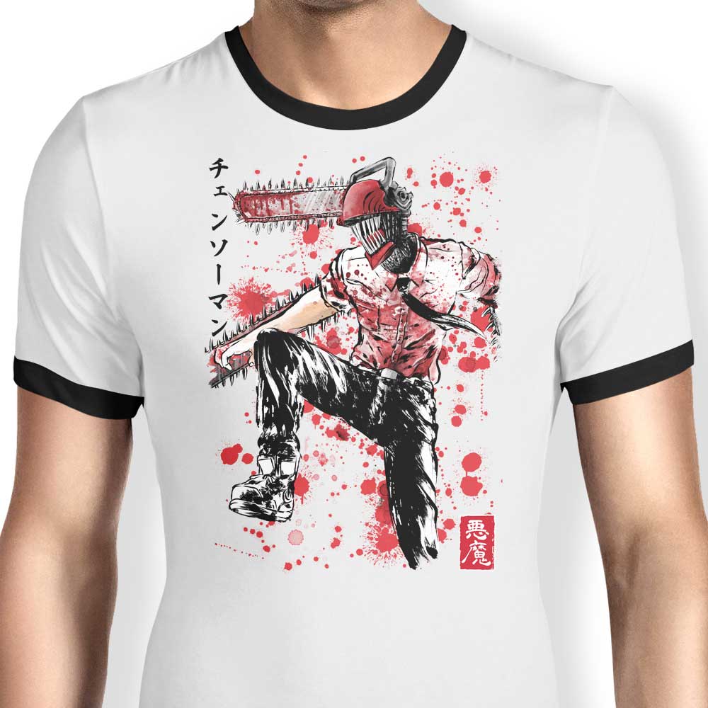 Dr. Monekers' Chainsaw Sumi-e Men's Ringer Cotton T-Shirt