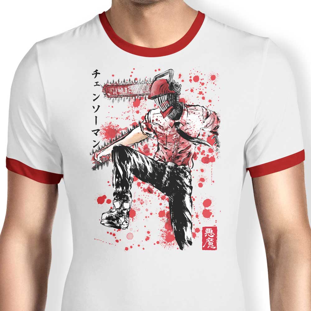 Dr. Monekers' Chainsaw Sumi-e Men's Ringer Cotton T-Shirt